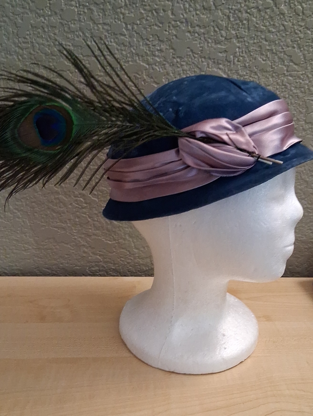 Vintage Crushed Velvet Cloche Hat with Satin Band and Peacock Feather